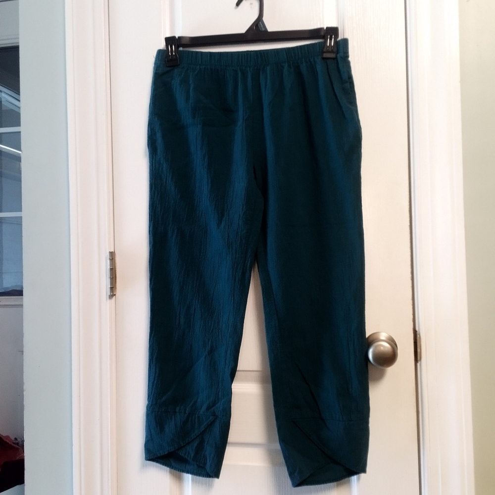 Lot Of 2 Teal & Yellow Cropped Pants L Asymmetrical Crossover Detail  Summer